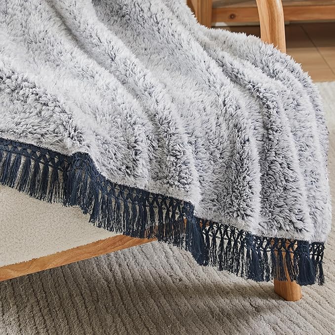 EMME Soft Sherpa Fleece Blanket with Tassel, Reversible Plush Fluffy Large Blanket, Light Weight Warm Decorative Boho Blanket Cover for Sofa, Couch, Bedroom,Travel(Tassel Navy,108"x90")