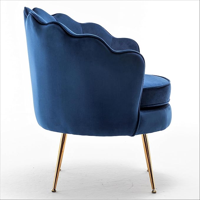 Velvet Barrel Accent Chair with Scalloped Silhouette and Gold Metal Legs, Decorative Piece Suitable for Traditional, Modern, and Contemporary Spaces, Navy Blue