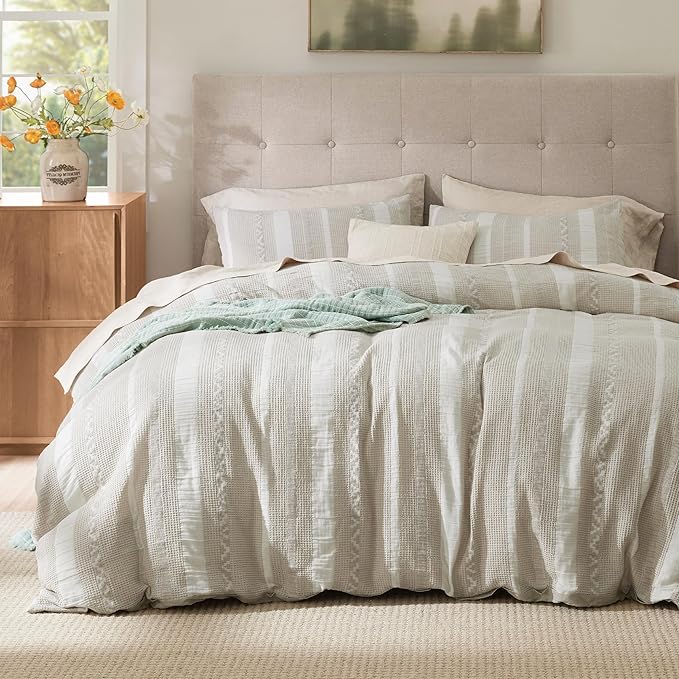 Bedsure Waffle Weave Duvet Cover Queen - 100% Cotton Boho Duvet Cover with 2 Pillowcases - Linen Color Textured Comforter Cover with Zipper Closure (Queen, 90"x90")