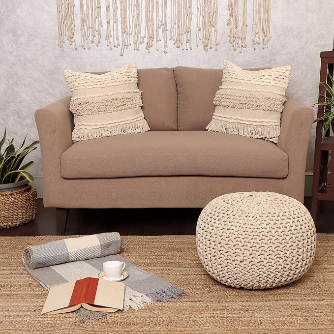 REDEARTH Round Pouf Ottoman –18"x18"x14" Hand-Knitted Cotton Pouffe –Cable Footstool –Boho Dori Hassock –Pre-Stuffed Poof – Extra Seat -Poofy Footrest for Living Room, Bedroom, Nursery, Nook –Ivory
