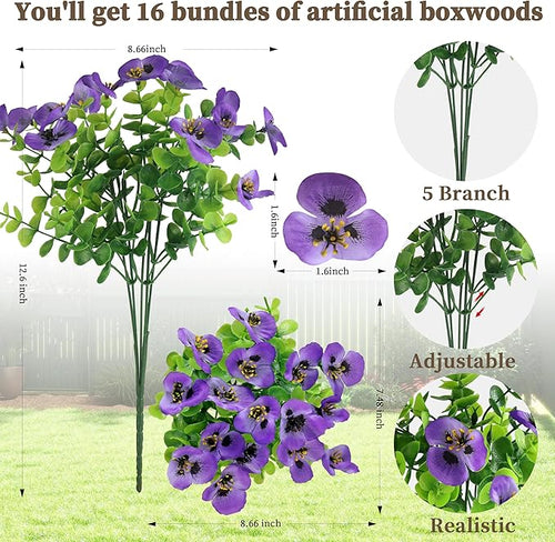 16 Bundles Artificial Fake Pansy Flowers for Outdoor - Yellow, White，Sunset red & Purple Faux Pansies Flowers, Fake Flowers for Outdoor Planters, Porch, Garden, Window Boxes, and Home Decoration