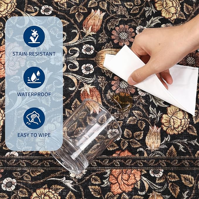 GarveeHome Brown Vintage Floral Washable Rugs 5x7 for Living Room Black Boho Botanical Retro Rug Low Pile Stain Resistance Non Slip Carpet for Bedroom Nursery Dining Room