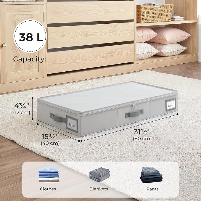 GRANNY SAYS 2 Pack Under Bed Storage, Underbed Organizer with Zipper Lid for Bedroom, Grey Clothing Storage Bins for Blankets, Clothes, Shoes