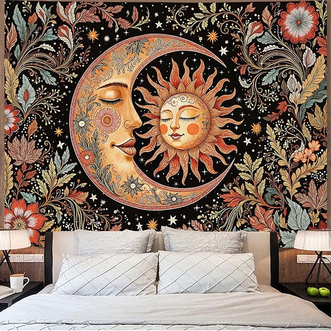 Accnicc Vintage Sun and Moon Tapestry Boho Hippie Floral Wall Tapestry for Bedroom Aesthetic Brown Celestial Spiritual Botanical Plant Small Tapestries Wall Hanging for Living Room Dorm 60 x 44 Inch