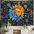 Accnicc Sun and Moon Tapestry Boho Hippie Floral Wall Tapestry for Bedroom Aesthetic Vintage Stained Glass Celestial Plant Small Tapestries Wall Hanging for Living Room Dorm 48 x 36 Inch