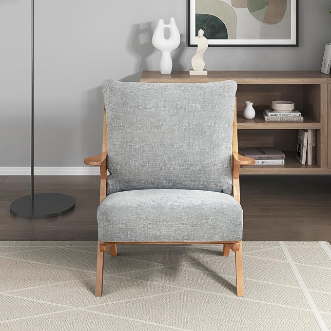 Lexicon Mid Century Modern Accent Chair, Natural Finish Solid Rubberwood Frame, Reversible Back Cushion, Woven Chenille Upholstered Reading Chair, for Living Room/Bedroom/Office, Grey