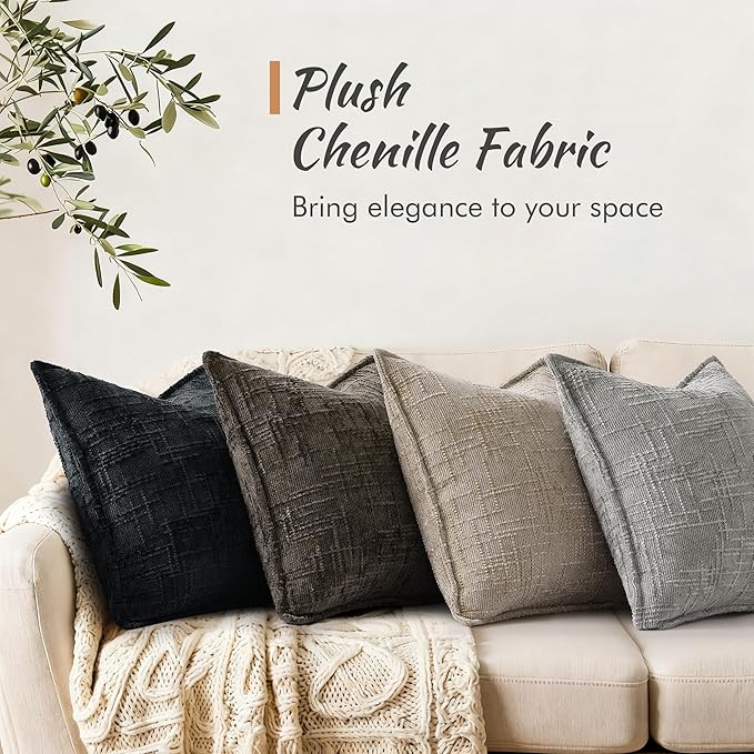 decorUhome Chenille Throw Pillow Covers 20x20 Set of 2, Thick Textured Slubby Neutral Decorative Pillow Covers with Elegant Design for Couch, Sofa, Living Room, Neutral Grey