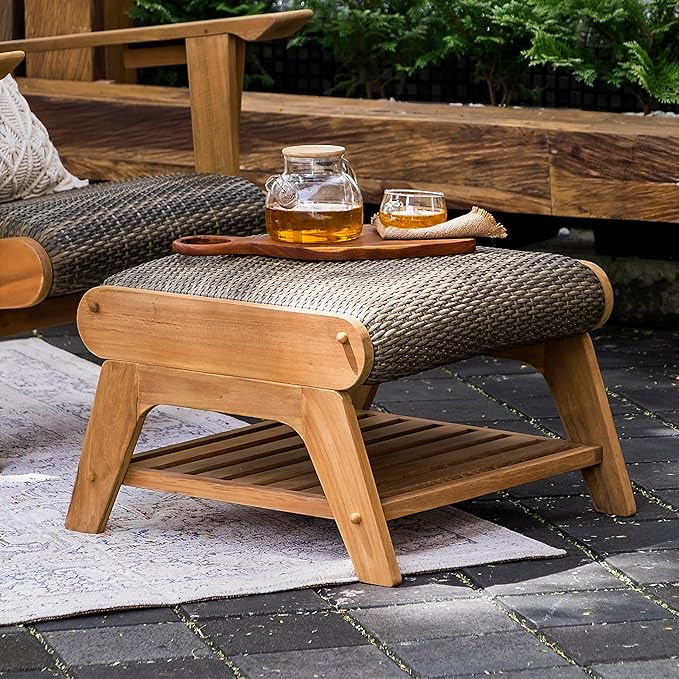 Cambridge Casual Auburn Teak Outdoor Ottoman, All Weather Padded Woven Seat
