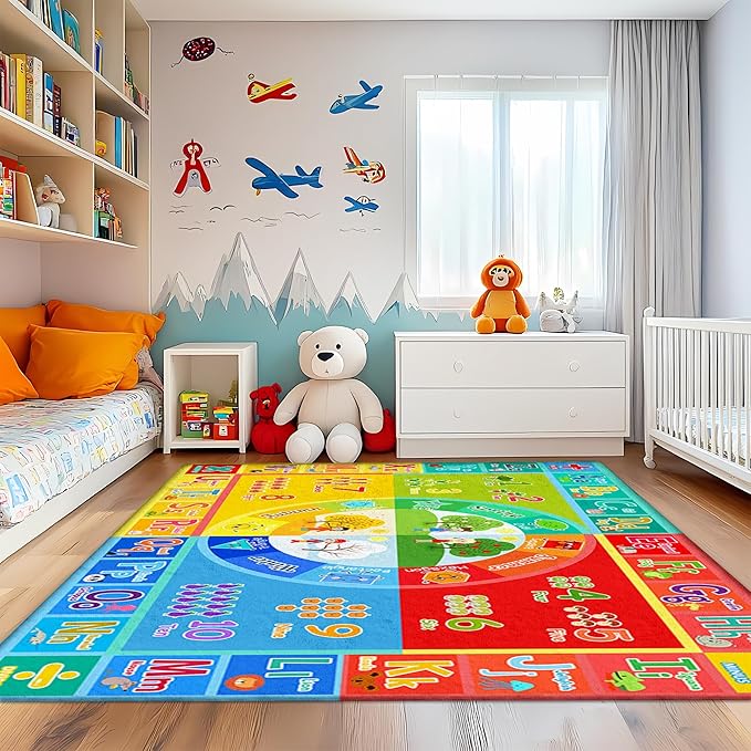 3x5 Small Kids Classroom & Playroom Rug - ABC Alphabet Educational Area Rug with Animals Numbers & Colors - Washable Non-Slip Carpet Playmat for Nursery Preschool & Reading Area