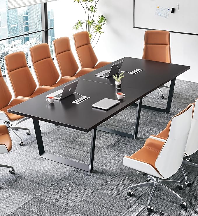 Sturdy Conference Table with Cable Management Grommets Modern Rectangle Office Meeting Table with Wood Tabletop and Metal Frame & Legs- Easy Assembly Boardroom Table (Black, 10 Foot)
