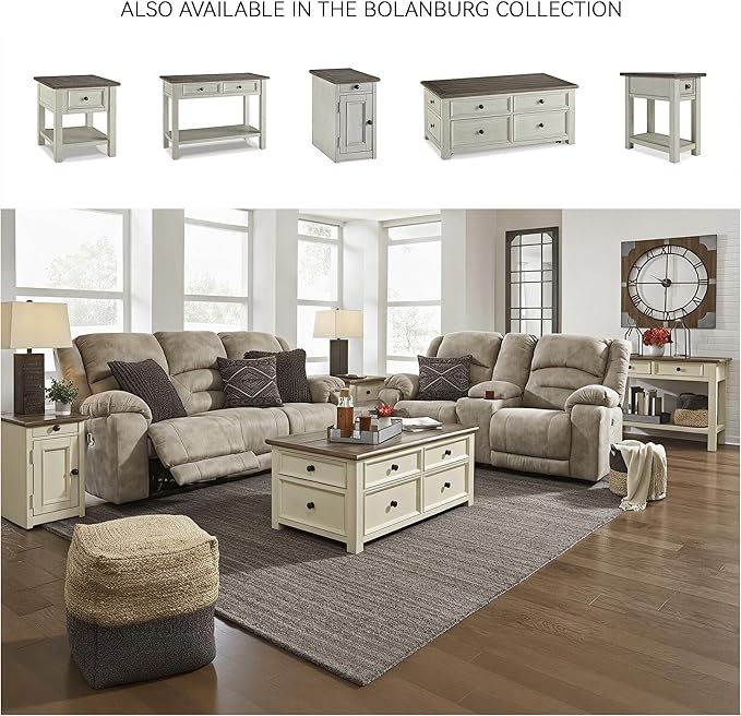 Signature Design by Ashley Bolanburg Farmhouse Chair Side End Table, 2 USB Ports, Pull-out Tray, Wood, 14" W x 24.25" D x 23" H, Antique Cream & Brown