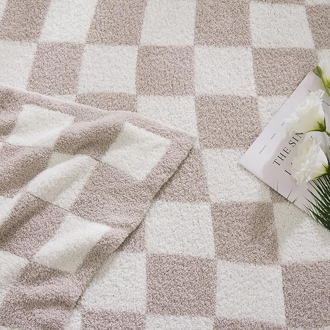 Checkered Throw Blanket, Taupe Soft Cozy Fluffy Warm Throw Blankets for Couch, Sofa, Chair, Bed, Camping, Picnic, Office,Travel Lightweight Bed Blanket - 50"*70"