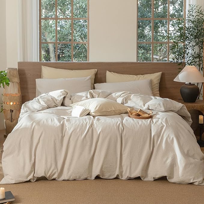 MooMee Striped Duvet Cover Set 100% Washed Cotton Linen Like Textured Breathable Durable Soft Comfy (Tannish Linen Grey White Pinstripes, Queen 90"x90")