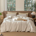 MooMee Striped Duvet Cover Set 100% Washed Cotton Linen Like Textured Breathable Durable Soft Comfy (Tannish Linen Grey White Pinstripes, Queen 90"x90")