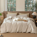 MooMee Striped Duvet Cover Set 100% Washed Cotton Linen Like Textured Breathable Durable Soft Comfy (Tannish Linen Grey White Pinstripes, King 104"x90")