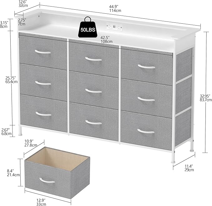 EXOTICA Gray Dresser with LED Light for Bedroom 9 Drawer Dresser with Charging Station Dressers & Chests of Drawers for Entryway Closet Kids Room Hallway Sturdy Steel Frame Wooden Top Easy Pull Handle