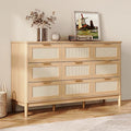 LINSY HOME Rattan Dresser with 9 Deep Drawers, 58" Wide Long Chest of Drawers, Mid Century Modern Tall Dresser, Large Wood Boho Storage Cabinet for Bedroom with Metal Handle and Durable Legs, Oak