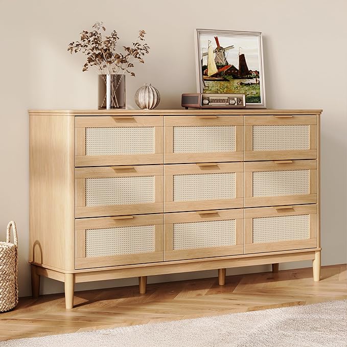 LINSY HOME Rattan Dresser with 9 Deep Drawers, 58" Wide Long Chest of Drawers, Mid Century Modern Tall Dresser, Large Wood Boho Storage Cabinet for Bedroom with Metal Handle and Durable Legs, Oak