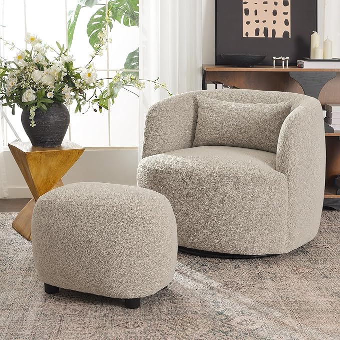 KINWELL Round Boucle Upholstered Ottoman Chair, Footstool with Soft Padded Seat, Fully Assembled Modern Sofa Couch Footrest, Extra Seating for Bedroom Entryway, Taupe(18.5" D x 23" W x 16.5" H)
