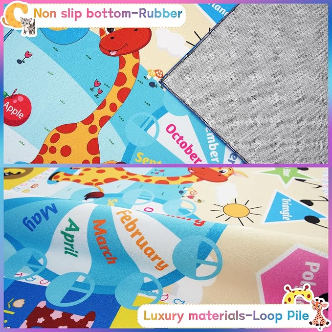 Chicrug Educational Kid Area Rug for Playroom, 9x12 Feet TPR Non Slip Kids Classroom Carpet Rug for Learning ABC Animal Shape Color Fruit, Washable Play Mat Rug for Children Nursery Toddler Room Decor