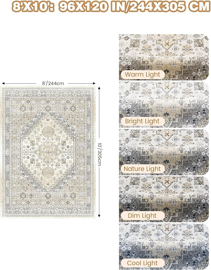 Washable Rugs 8x10 Area Rugs for Living Room, Non-Slip Backing Large Rug for Nursery Room, Vintage Floral Bedroom Rugs, Thin Indoor Home Decor Soft Farmhouse Rug (Beige,8'x10')