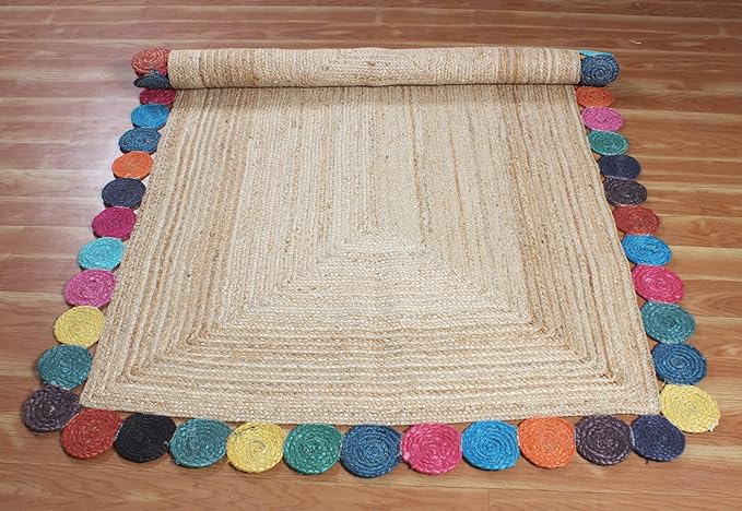 Scalloped Edge Rug, Hand Woven Natural Jute Area Rug, 5x8 Ft Beige & Multicolor Braided Sisal Kilim Rugs for Living Room, Kitchen, Entryway, Farmhouse