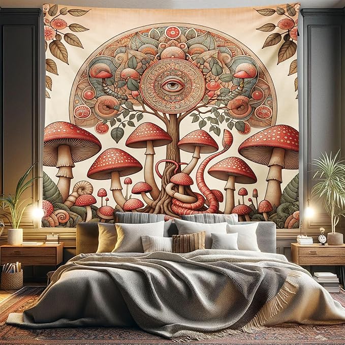 Ambesonne Hippie Tapestry King Size, Psychedelic Aura Leaves and Eye Ornate Tree Art with Mushrooms and Snake, Wall Hanging Bedspread Bed Cover Wall Decor, 104" X 88", Dark Pink Reseda Green