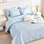 Wake In Cloud - Floral Quilt Set, Coquette Cottagecore Shabby Chic Flower Pattern for Women Teen Girls, Reversible Lightweight Bedspread Coverlet, 3 Pieces, Light Blue, Twin/Twin XL Size