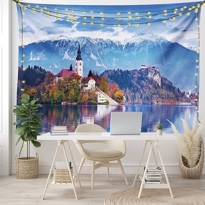 Ambesonne Landscape Tapestry, Photo of Bled in Slovenia with Lake Snowy Mountains and a Castle Pastoral Scenery, Fabric Wall Hanging Decor for Bedroom Living Room Dorm, 23" X 28", Blue Lavender