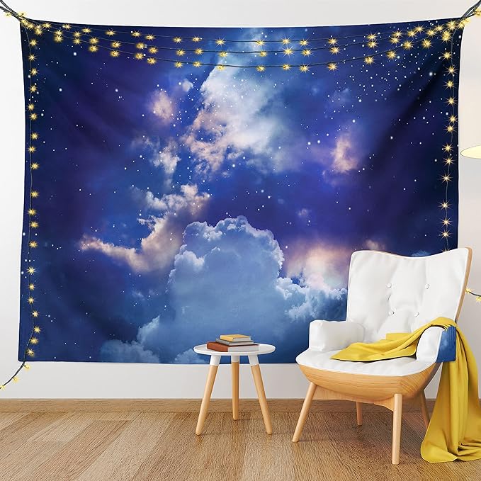 Ambesonne Space Tapestry, Magic Sky View with Star and Clouds Celestial Colorful World Cosmic Expanse Theme, Fabric Wall Hanging Decor for Bedroom Living Room Dorm, 30" X 45", White and Blue