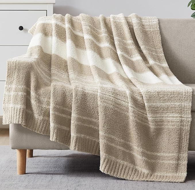 WRENGONGE Khaki Throw Blanket, 60x80 Soft Cozy Striped Throw Blankets for Couch, Sofa, Bed, Travel, Lightweight Fluffy Warm Plush Decorative Blankets for Women, Men Gift