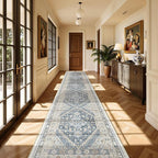 Washable Runner Rug 2.5x16, Non-Slip Long Kitchen Mats for Floor, Vintage Rug for Entryway, Soft Hallway Runner for Dining Room, Bedroom, Living Room(Blue/Beige,2.5'x16')