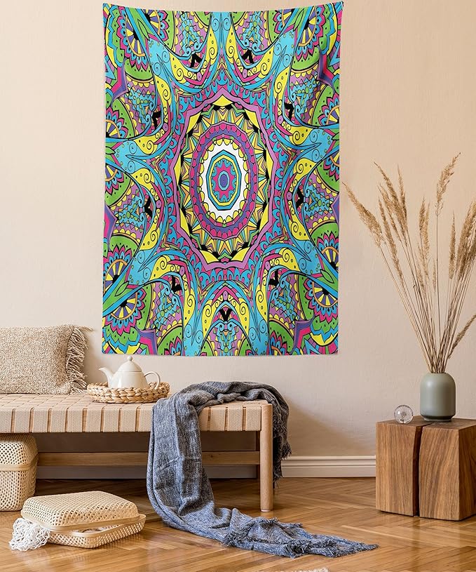 Ambesonne Psychedelic Tapestry, Abstract Unusual with Color and Form Details Hippie Retro, Wall Hanging for Bedroom Living Room Dorm Decor, 60" X 80", Soft Blue