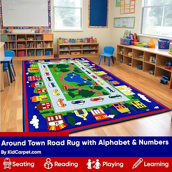 KIDCARPET.COM Around Town Play Mat Rug | Interactive Activity Carpet for Preschool Playroom Toy Car Track, 6' x 8'6"