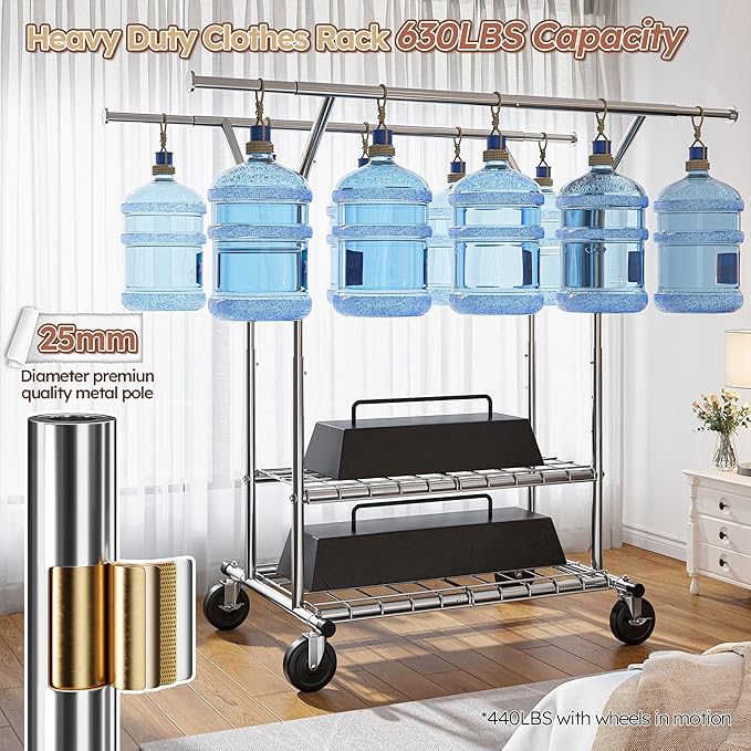 Raybee 74" W Heavy Duty Clothes Rack, Double Rods Clothing Rack Load 630 LBS, Rolling Clothes Racks for Hanging Clothes 400+, Garment Rack for Bedroom, Laundry Room, Retail Store
