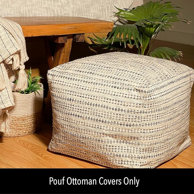 Chardin home Unstuffed Ottoman, Cozy & Bohemian Pouf Covers, Hand Crafted Casual Seating, Footrest, Square Floor Pillow for Home, Office, Bedroom, Living Room, 16.5" x 16.5"x 12.9", Black-Off White