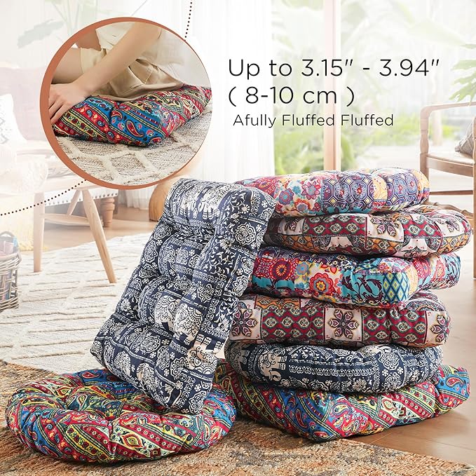 Codi Floor Pillow for Kids, Square Large Pillows Seating for Adults, Bohemian Big Cushions for Yoga Room Tatami Sitting, Memory Foam Added, 22x22 Inch, Multi Blaidiere, Set of 2