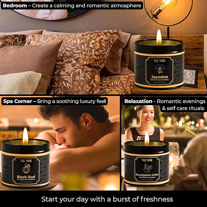 Candle Gift Set of 3 Black Oud|Jasmine|Eucalyptus Lime Highly Scented Soy Candels Natural Non Toxic Velas Aromáticas Favors for Women Coworkers Friends Guests Also for Fall Diwali Christmas Holidays