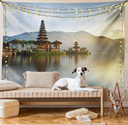 Ambesonne Balinese Tapestry Queen Size, Pura Ulun Danu Building Panorama Sunrise on Lake Bratan Bali Indonesia Waterscape, Wall Hanging Bedspread Bed Cover Wall Decor, 88" X 88", Beige Brown