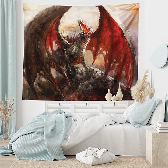 Ambesonne Fantasy World Tapestry, Majestic Dragon Resting on Mountain Mythological Fire-Spewing Creature Print, Fabric Wall Hanging Decor for Bedroom Living Room Dorm, 28" X 23", Brown Red