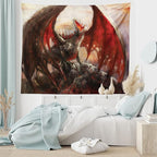 Ambesonne Fantasy World Tapestry, Majestic Dragon Resting on Mountain Mythological Fire-Spewing Creature Print, Fabric Wall Hanging Decor for Bedroom Living Room Dorm, 28" X 23", Brown Red