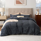 Bedsure Fluffy Duvet Cover Set - Ultra Soft Plush Shaggy Comforter Cover Twin Size, Warm Flannel Fleece Bed Sets for Winter, 2 Pieces (Striped Pattern, Dark Grey)