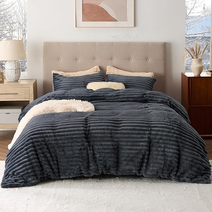 Bedsure Fluffy Duvet Cover Set - Ultra Soft Plush Shaggy Comforter Cover Twin Size, Warm Flannel Fleece Bed Sets for Winter, 2 Pieces (Striped Pattern, Dark Grey)