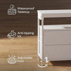 Huuger LED TV Stand for Bedroom, 55 Inch Fabric Dresser with Power Outlets, Entertainment Center for 60, 55, 50 Inch TV, 6 Drawer Dresser for Bedroom, Chest of Drawers with Shlef, PU Leather, White