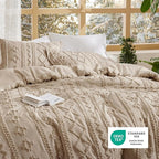 Bedsure Tufted Boho Comforter Set Queen Size - Khaki Boho Bed Set, GentleSoft™ 3 Pieces Farmhouse Shabby Chic Embroidery Bedding, Gifts for Woman, Soft Jacquard Queen Comforter for All Seasons