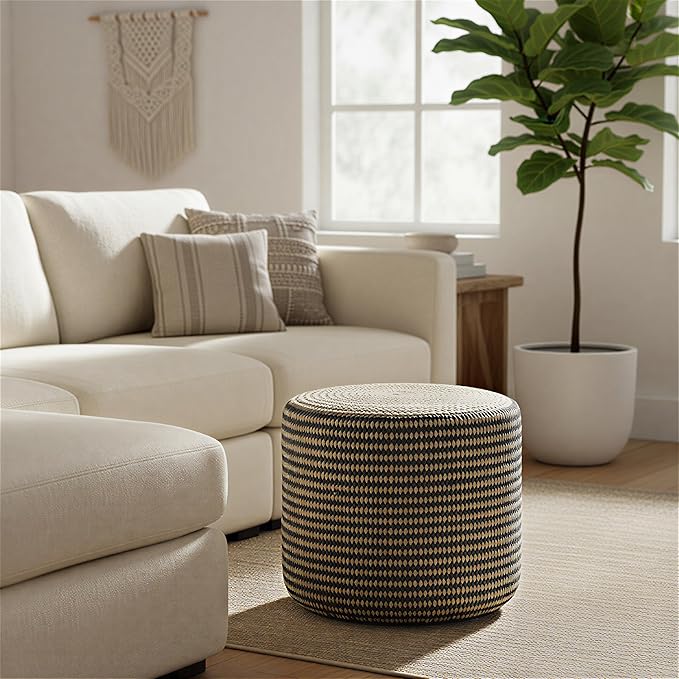 SIMPLIHOME Larissa Round Pouf - 18 inch Wide Hand Braided Jute Ottoman in Sandy Natural/Ebony, Boho Footstool or Extra Seating for Living Room or Kids Room with Polystyrene Bead Filling, Assembled