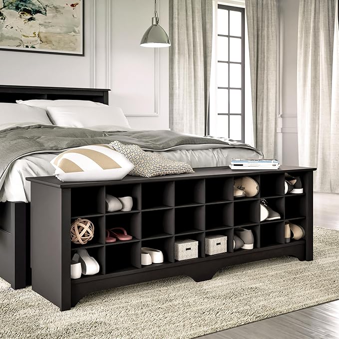 Prepac 24 Pair Shoe Cubby Bench, Entryway Bench, Mud Room Organization and Storage Bench for up to 24 Pairs of Shoes, Black, 15.5"D x 60"W x 20.25"H