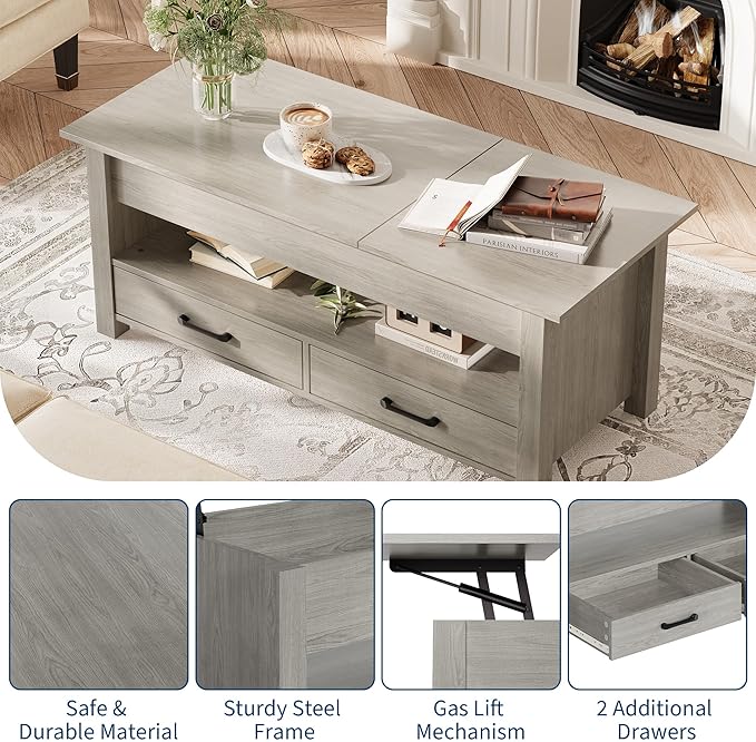 IDEALHOUSE 47.2" Coffee Table with Storage, Multi-Function Lift Top Coffee Table with Wooden Lift Tabletop, 2 Drawers and Hidden Compartment, Central Table for Living Room Home Office, Grey