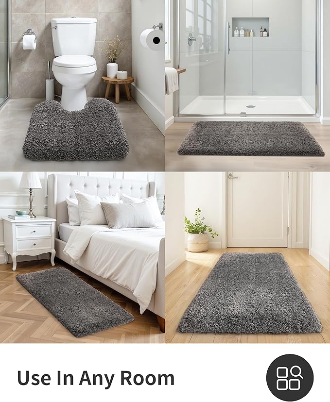 ILANGO Dark Gray Bathroom Rugs 48" × 24" Non Slip & Super Absorbent Extra Thick Soft, Washable Bath Mat for Floor, Microfiber Plush Shaggy Bath Rug with Rubber for Bathtub Shower Room Sink