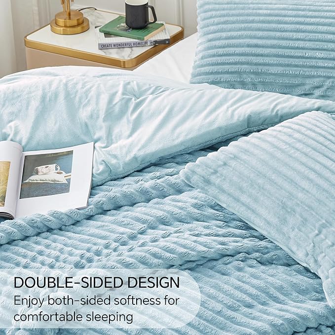 BEDELITE Fleece Twin Comforter Set -Super Soft & Warm Fluffy Light Blue Bedding, Luxury Fuzzy Heavy Bed Set for Winter with 1 Pillow case